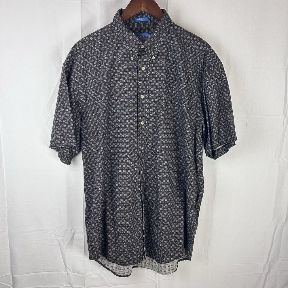 Pendleton Button Up Shirt Short Sleeve Geometric All Over Print Men's Large‎